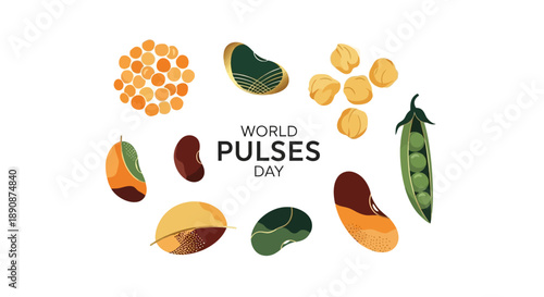 Illustration of various legumes and beans for World Pulses Day, promoting healthy food and nutrition with a vector graphic design on a clean white background.