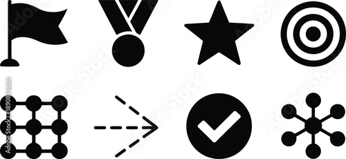 A clean collection of black and white icons indicating progress and connectivity concepts
