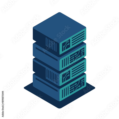 Enterprise server rack stack with glowing modules, data center expo poster, infrastructure operations session, scalability workshop, cloud computing conference vector