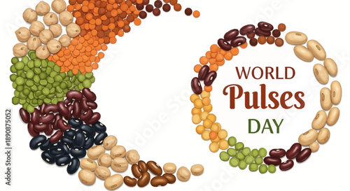 Vector illustration of a colorful crescent shape made of various legumes and beans with World Pulses Day logo in the center, promoting healthy food and nutrition.