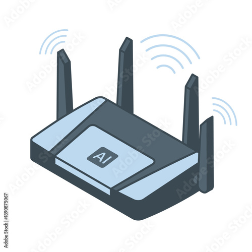 Enterprise router with multiple antennas, AI networking device icon, infrastructure summit workshop, wireless optimization session, network engineering training vector