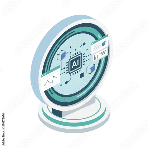 AI analytics dashboard circular screen, tech conference keynote backdrop, data visualization session, machine learning workshop, predictive modeling training vector