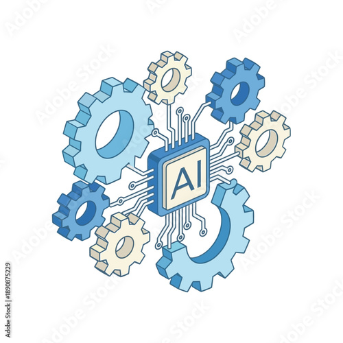 Artificial intelligence forum, rotating gears around ai label, process optimization workshop, breakout session icon, isometric industrial technology vector graphic