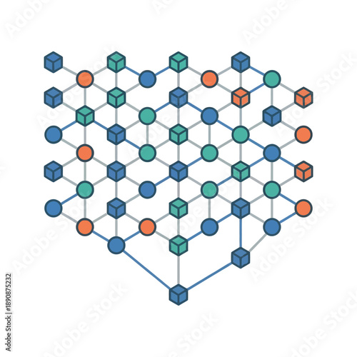 Data science meetup graphic, network nodes lattice, graph connections, research poster, analytics session diagram, isometric big data vector illustration