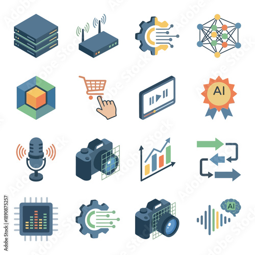 AI technology icon set vector pack with data analytics, audio, camera, chart, cloud, for developer conference schedule and workshop badges.