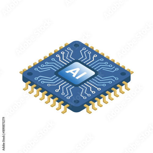 Tech expo processor badge, blue microchip with golden pins, electronics engineering panel, session branding element, isometric hardware vector illustration