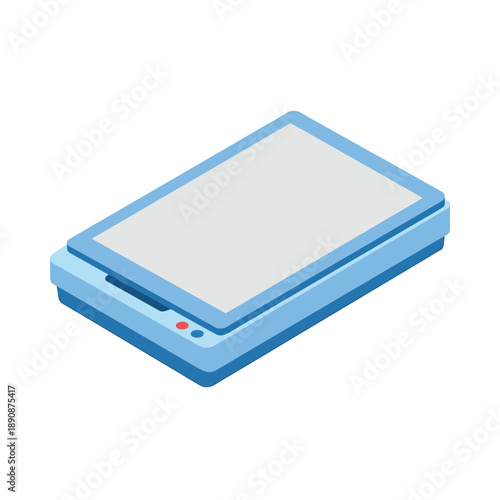 Blue cover flatbed scanner isometric illustration for photo scanning, artwork digitizing, design studio archive, university lab project, creative workflow.