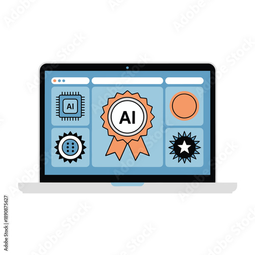 Laptop with AI award badge vector illustration for prize ceremony, coding challenge, innovation poster, artificial intelligence achievement presentation design