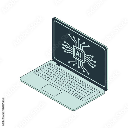 AI microchip circuit laptop vector illustration for innovation expo poster, cloud computing seminar agenda, startup showcase banner, technology newsletter graphics.