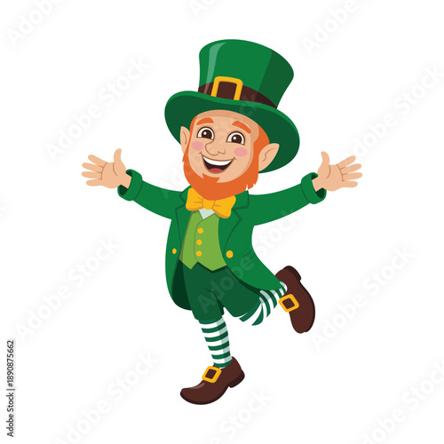 Happy leprechaun character jumping vector illustration for St Patricks Day parade, community festival program, family event flyer, spring celebration.
