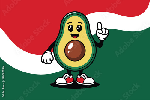Avocado mascot on mexico flag background vector for mexican independence celebration, food truck festival, guacamole party, national cuisine event banner
