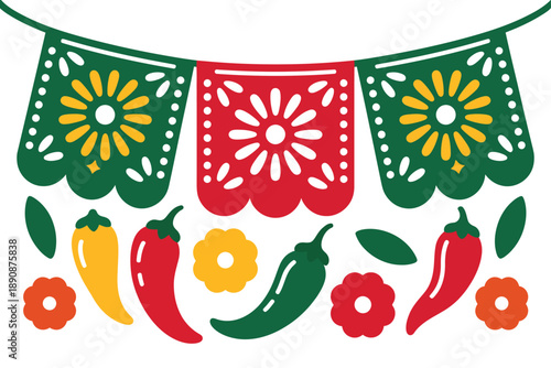 Fiesta papel picado banner vector with chili peppers and flowers for cinco de mayo party, mexican restaurant decor, event design