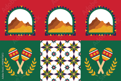 Mexican festival decorative frame pattern vector with mountains, maracas and flowers for cinco de mayo invitation, folk art poster design