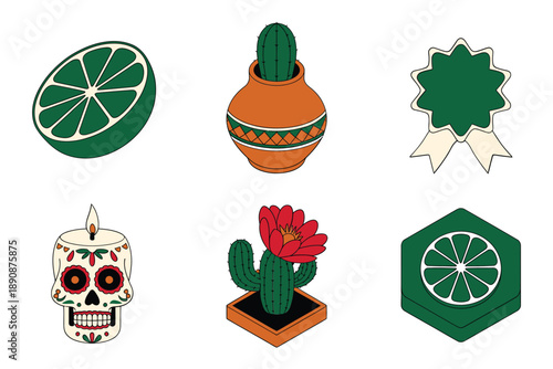 Mexican fiesta icon set vector with lime, cactus, sombrero and sugar skull for cinco de mayo party, sticker design collection