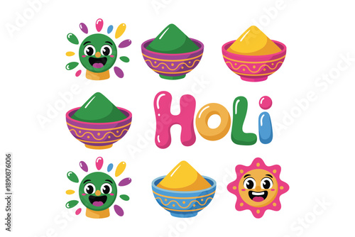 Holi festival typography with gulal bowls and cute emoji, joyful spring celebration vector illustration for social post, sticker, party banner.