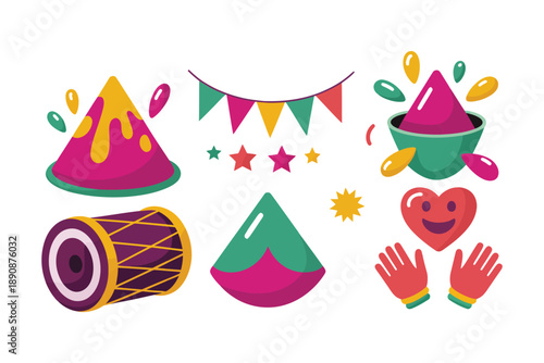 Holi accessories vector set with bunting flags, dhol drum, colored hands, cone sweets, spring celebration illustration for banner, poster, sticker.