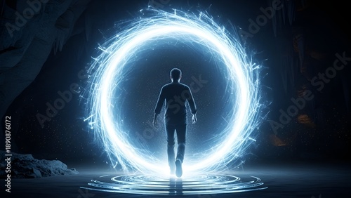 Man approaches a mesmerizing blue light portal in a dark, mysterious cave.