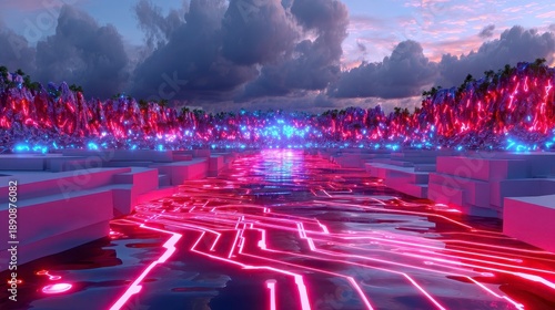 Neon Tech Landscape, Futuristic Cyberpunk Cityscape Digital Art