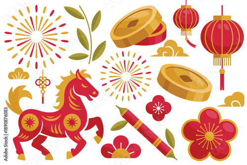 Chinese Spring Festival elements vector set with fireworks, gold ingots, coins, lanterns, cherry blossom, fan, illustration for poster, greeting card.