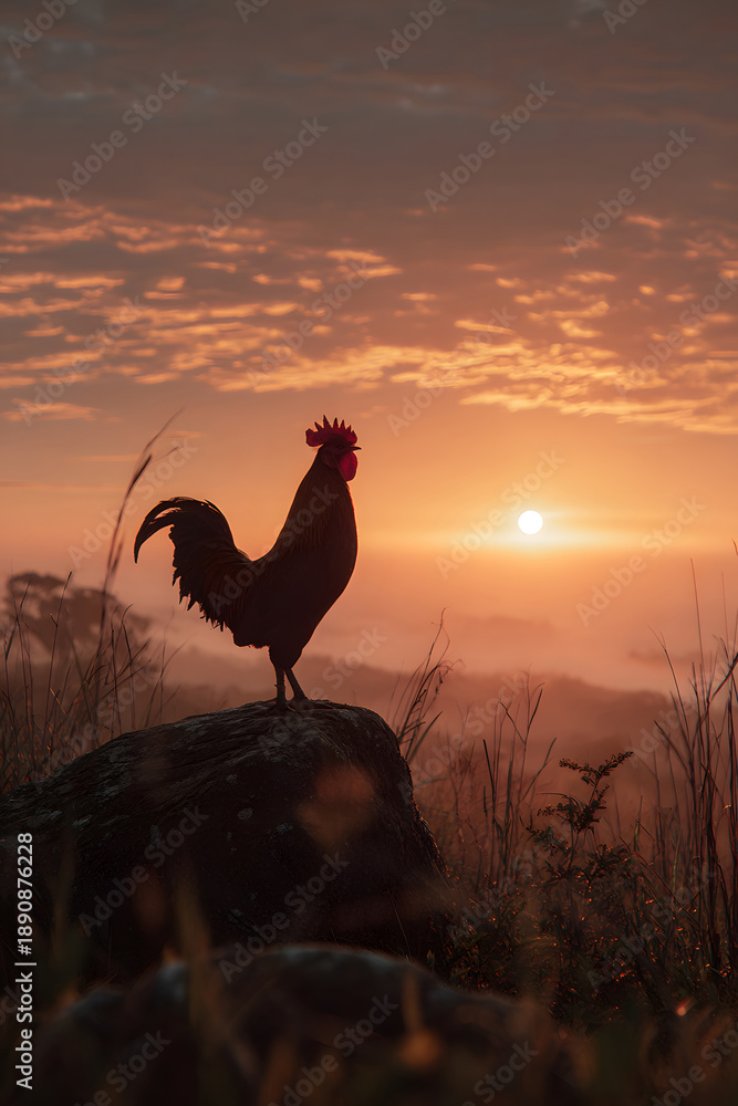 Fototapeta premium Rooster crowing in the morning with sunrise.