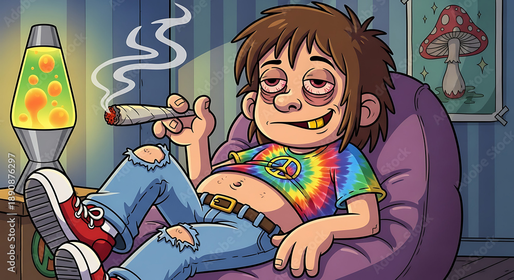 custom made wallpaper toronto digitalCartoon boy relaxing on a purple couch with a lit cigarette.