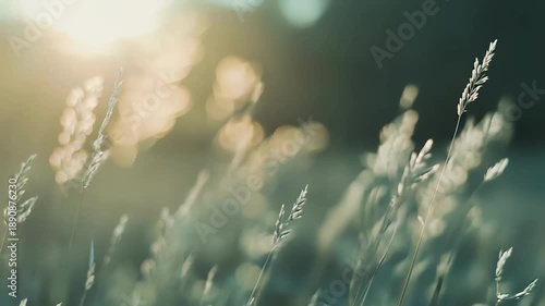 Wild grass and cereal plants swaying gently, catching warm golden sunlight with a soft focused background, symbolizing tranquility, growth, and natural beauty in a peaceful outdoor setting