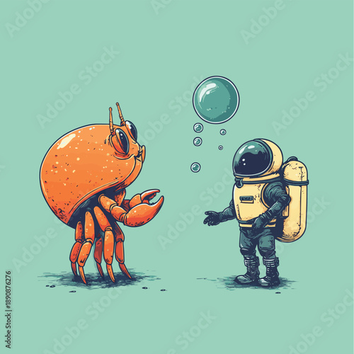 Playful Conversation Between a Crab and a Diving Suit , vector style simple color