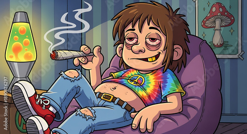 Wallpaper Mural Cartoon boy relaxing on a purple couch with a lit cigarette. Torontodigital.ca