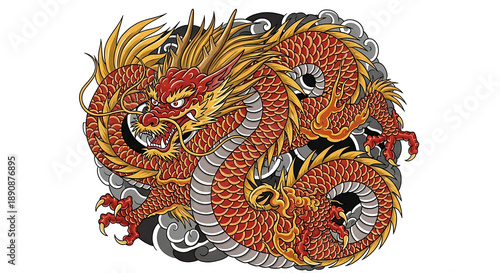 Vibrant Red Dragon Illustration with Intricate Details.