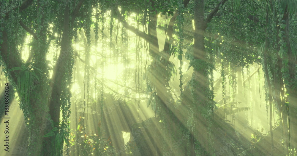 Fototapeta premium Sunlight streams through dense trees, illuminating the vibrant greenery of a peaceful forest. Rays of light create a serene atmosphere amidst the natural beauty of the landscape.