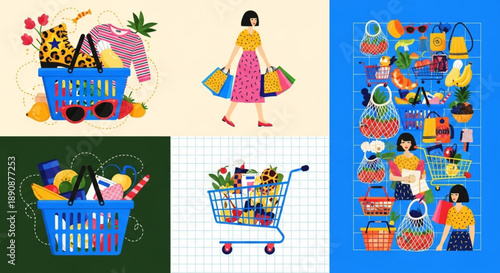 World Shopping Day Dynamic visual narratives of modern shopping experiences, featuring vibrant illustrations of retail baskets, overflowing carts, and joyful consumer journeys