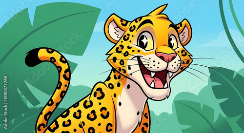 Wallpaper Mural Cartoon leopard with spotted fur and smiling face in jungle. Torontodigital.ca