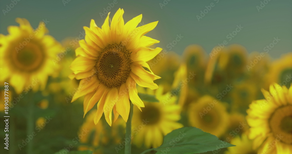 Obraz premium single sunflower bloom with soft bokeh, detailed petals and textured center, shallow focus, intimate botanical portrait, calm pastoral mood, high resolution