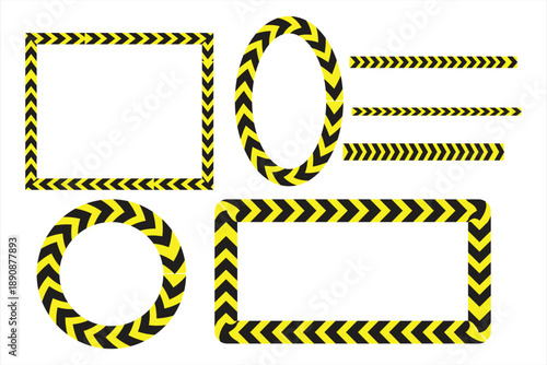 This image displays a set of black and yellow chevron borders on a white background. The collection includes two rectangular frames, one circular frame, and one oval frame, all featuring a repeating 