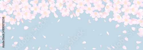 桜の花と春のスモーキーな空の横長背景イラスト