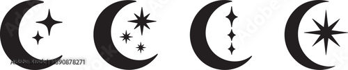Moon crescent icon set in minimalist style for night, islamic, ramadan, and lunar themes.