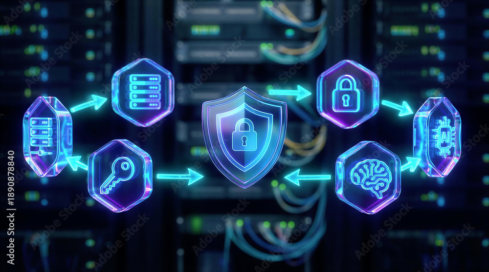 Fototapeta premium Cybersecurity icons with shield in data center server room