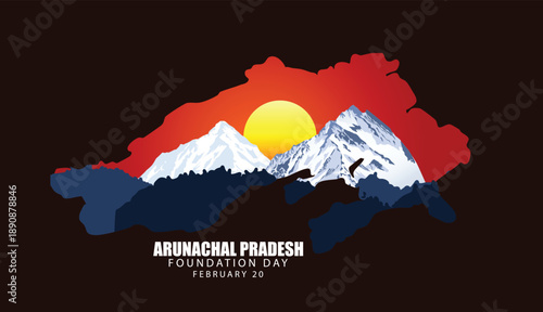 Arunachal Pradesh Foundation Day illustration featuring mountains, sunrise and cultural identity vector poster