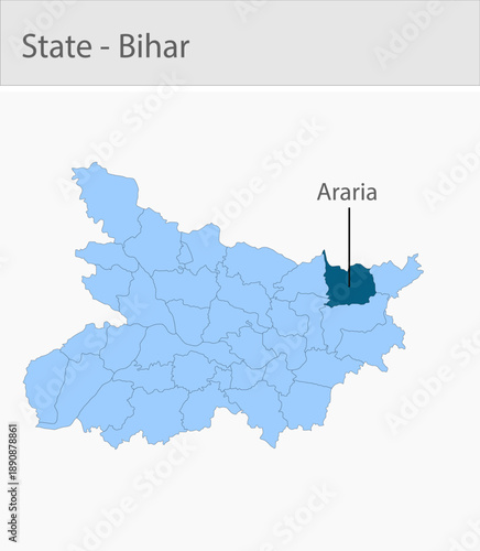 Araria-Bihar detailed map illustration graphic for educational reference, geographic visualization, design layouts, presentations, digital media and p