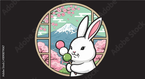 Kawaii White Rabbit Holding Dango with Mount Fuji and Sakura Background - Japanese Style Animal Graphic Illustration