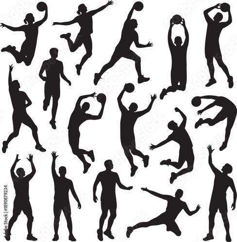 Collection of black silhouettes of men playing basketball in various poses