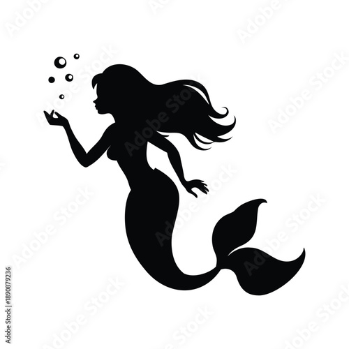 Elegant mermaid blowing bubbles silhouette vector illustration, A beautiful black and white silhouette of a mermaid blowing bubbles, depicted in a vector illustration style
