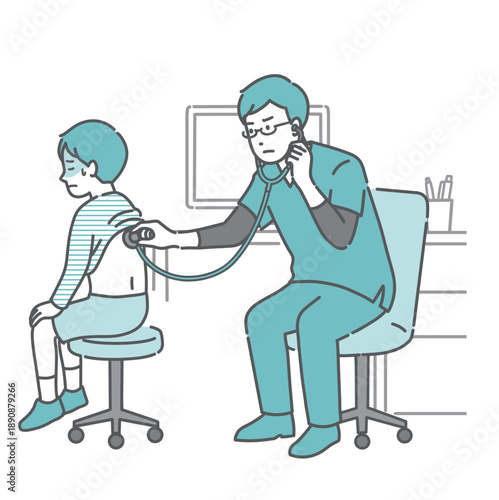 背中の聴診を受ける冷や汗をかいた男の子と深刻な表情のスクラブの男性医師のイラスト