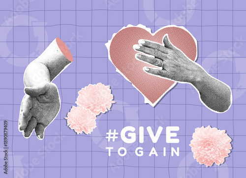Give to receive. A trendy halftone collage. GiveToGain. A collage of generosity and support. Vector illustration