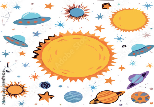 Seamless cartoon space pattern with sun planets stars and UFOs, colorful outer space background, playful kids vector illustration