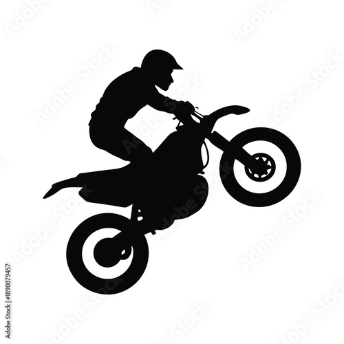 Daring motorcyclist performing a mid-air jump silhouette vector illustration, A dynamic black and white silhouette of a motorcyclist in mid-air during a jump