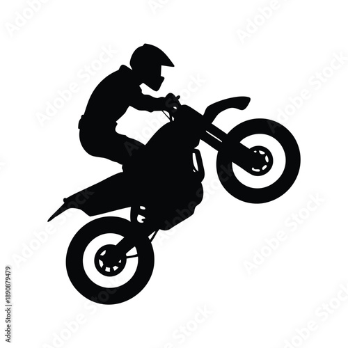 Daring motorcyclist performing a thrilling mid-air jump silhouette vector illustration, A dynamic black and white silhouette of a motorcyclist performing an impressive mid-air jump on a dirt bike