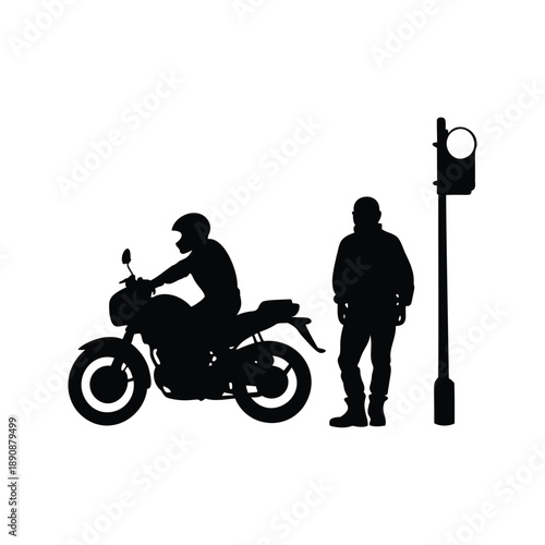 Silhouette of a motorcyclist and pedestrian at a street intersection vector illustration, Black and white vector illustration of a motorcyclist and pedestrian at a street intersection