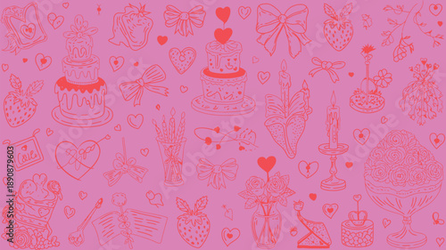 Hand-drawn romantic doodle pattern featuring various love and celebration motifs on a vibrant pink background, perfect for sweet designs and heartfelt occasions