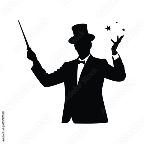 Magician performing magic trick silhouette vector illustration, Black and white silhouette of a magician performing a magic trick with a wand and stars